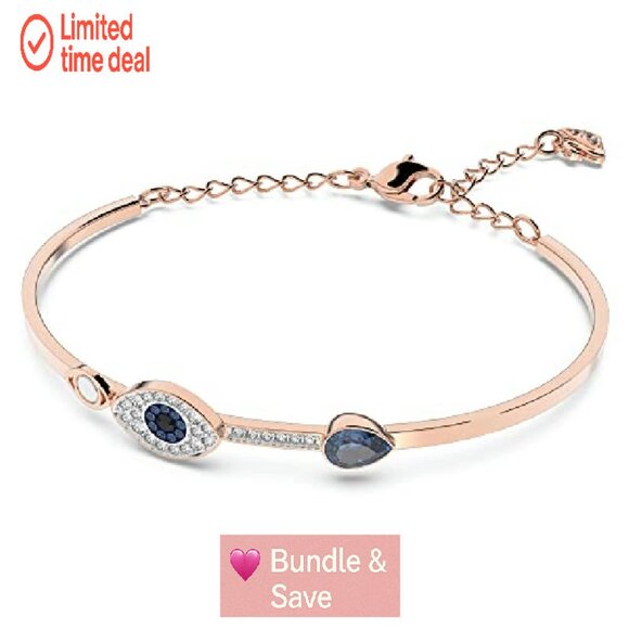 Evil Eye Bangle Bracelet with Crystals, Mixed Metal Finish, Medium Size - Picture 3 of 6